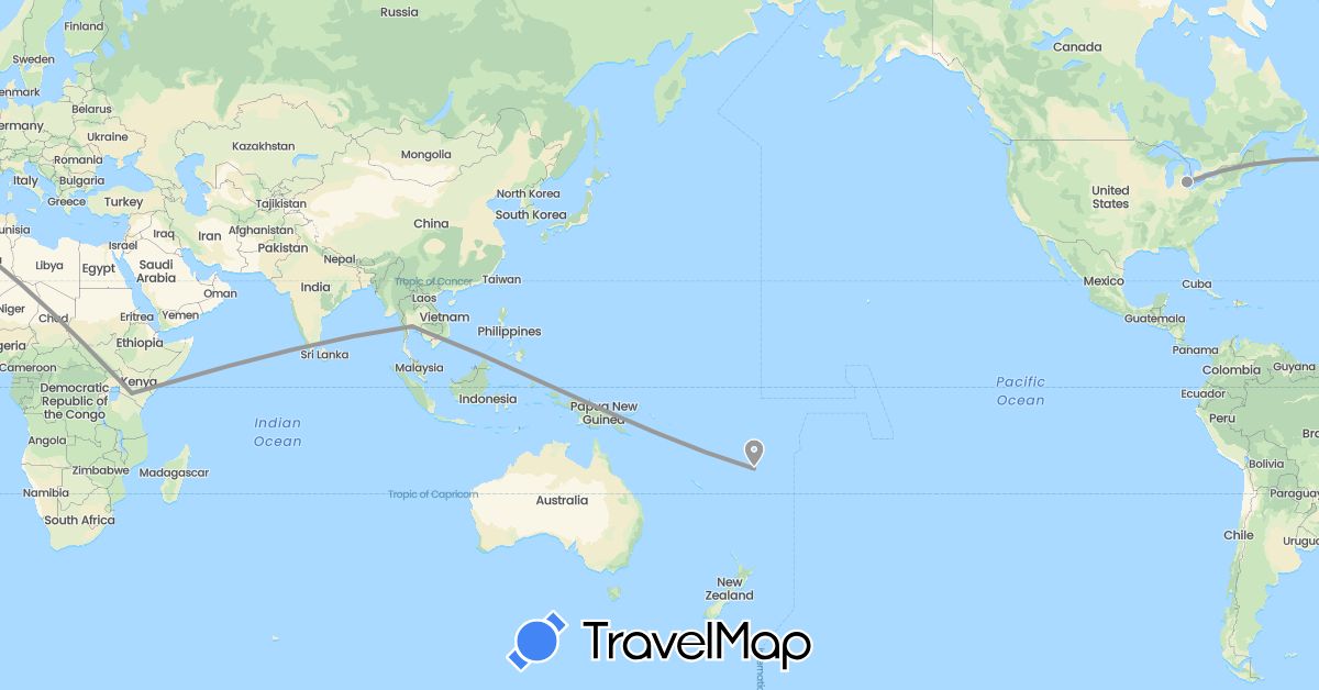 TravelMap itinerary: driving, plane in Kenya, New Zealand, Thailand, United States (Africa, Asia, North America, Oceania)
