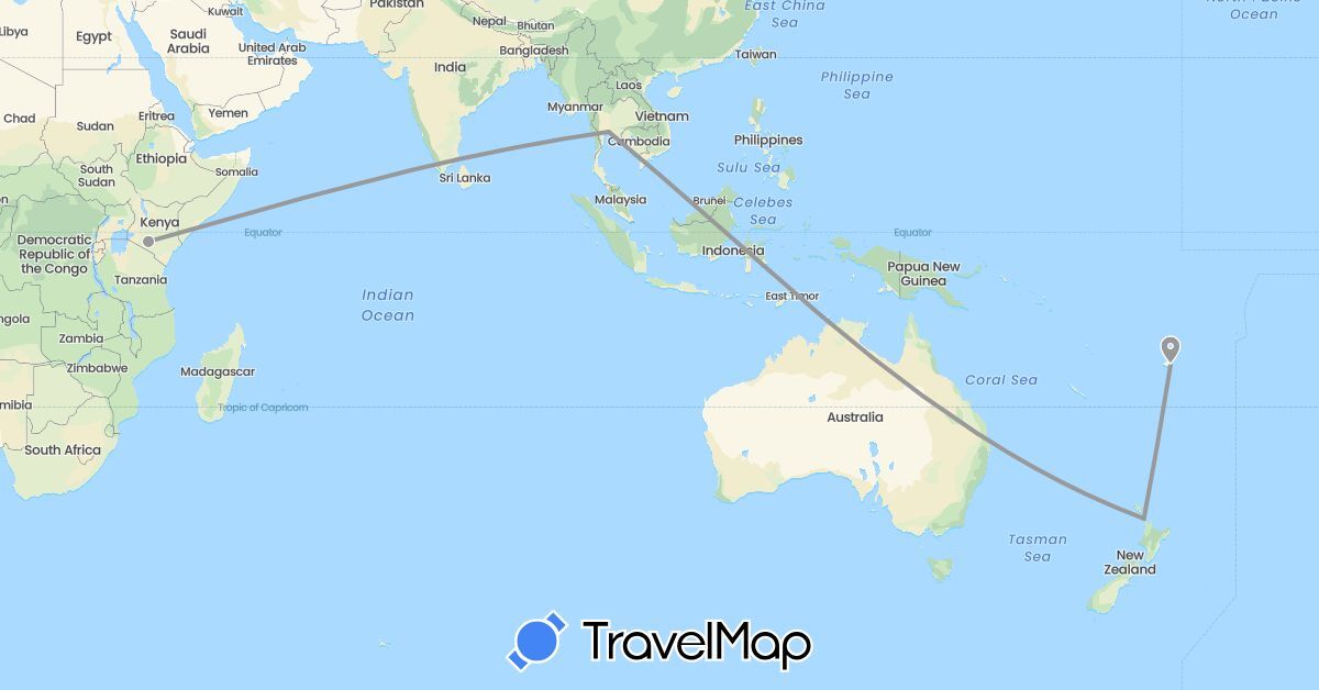 TravelMap itinerary: driving, plane in Fiji, Kenya, Thailand, United States (Africa, Asia, North America, Oceania)